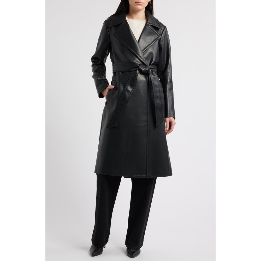 Michael Kors Long Faux Black Leather Trench Coat Size Large New‎ With Tags